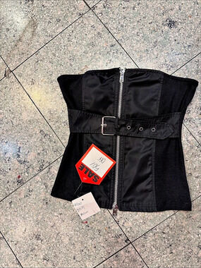 Black Belted Zip-Front Crop Top Size Small NWT